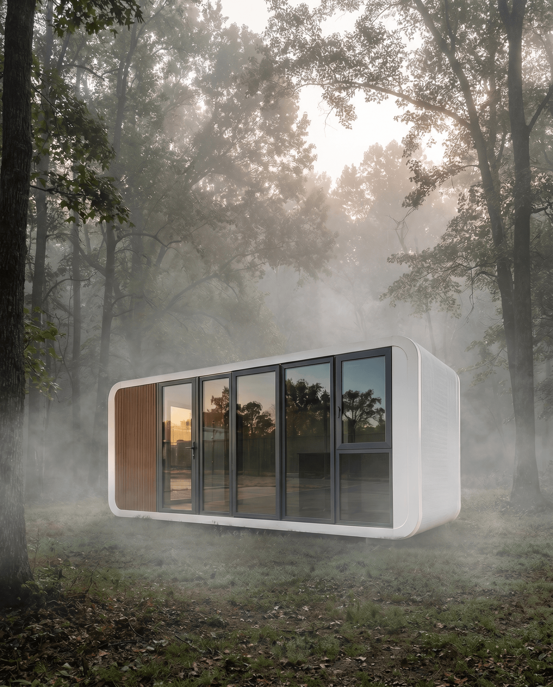 Modulr capsule cabin in morning mist, Southern US forest clearing
